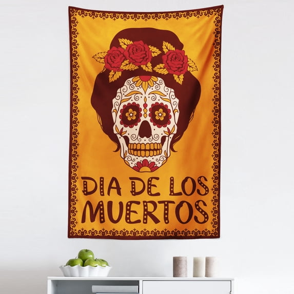 Sugar Skull Tapestry, Mexican Skull Girl with Hair and Flower Wreath Print, Fabric Wall Hanging Decor for Bedroom Living Room Dorm, 5 Sizes, Brown Marigold, by Ambesonne