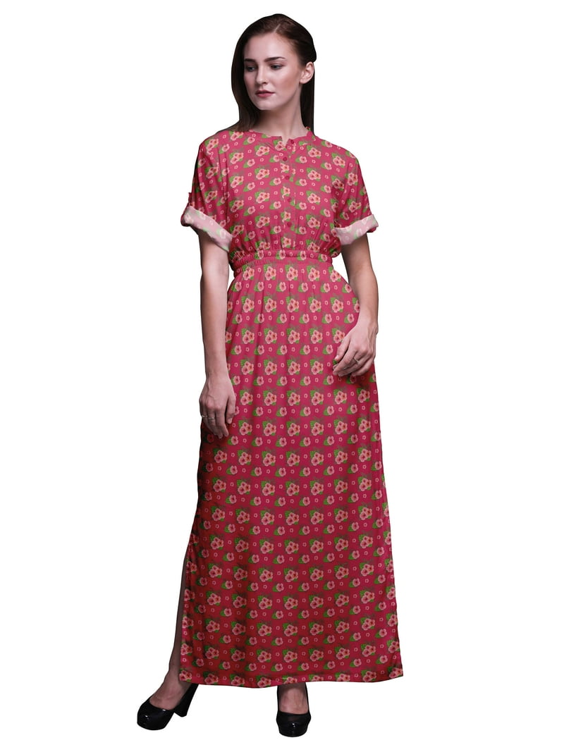 Bimba Rayon Monstera Leaf & Floral Smocked Waist Printed Gown Maxi Side  Slit Ladies&nbsp;Dress-Medium - Walmart.com