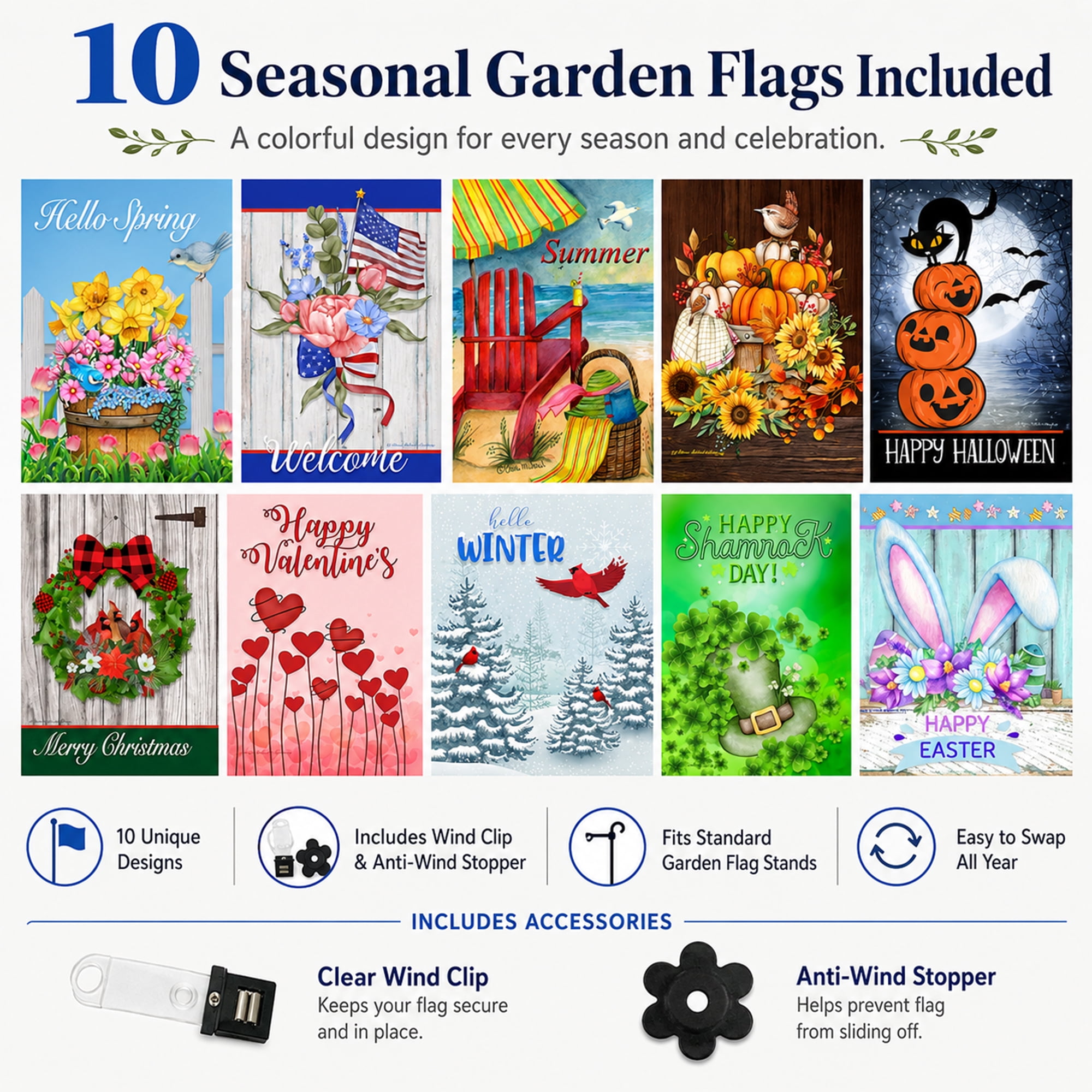 Country Charm Garden Flags (Set of 10)  12"W x 18"L Double Sided Flags for Outdoors with Black Garden Holder 34"L x 17"W