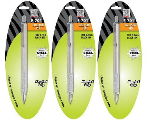 3 - Zebra F-701 Ballpoint Pens, Stainless Steel with Knurled Grip, Pk of 3 Pens