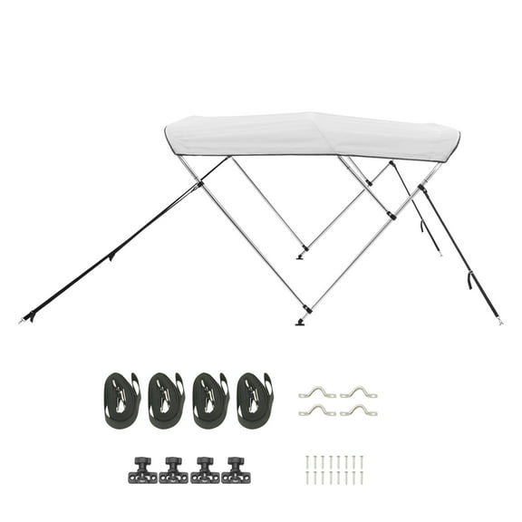 KFFKFF 3 Bow Marine Bimini Tops, Constructed from 600D Polyester and Aluminum Alloy, Water-Resistant & Sun-Blocking Boat Shade Canopy, Comes with Storage Bag, 2 Stabilizing Poles, 4 Securing Straps
