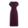 thumbnail image 4 of Women's Spring Casual Ruffle Short Sleeve Wrap V-Neck A-Line Loose Fit Swing Party Work Midi Dress Purple XL(XL), 4 of 5