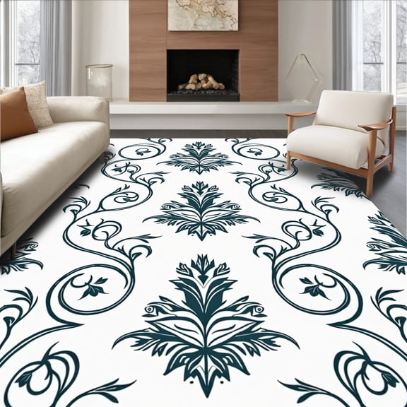 ODIKA 4'x6' Machine Washable Non-Slip Area Rug, Elegant Transitional Damask Scrollwork Botanical High Traffic Rug, Blue, 552296