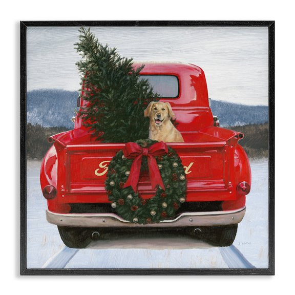 Stupell Industries Traditional Christmas Tree & Dog Red Truck Driving Snowy Scene Black Framed Giclee Art, 12 x 12, by James Wiens