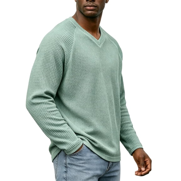 Dwellite Men Casual V Neck Sweater Ribbed Knit Slim Fit Waffle Long Sleeve Pullover Top Mint Green L