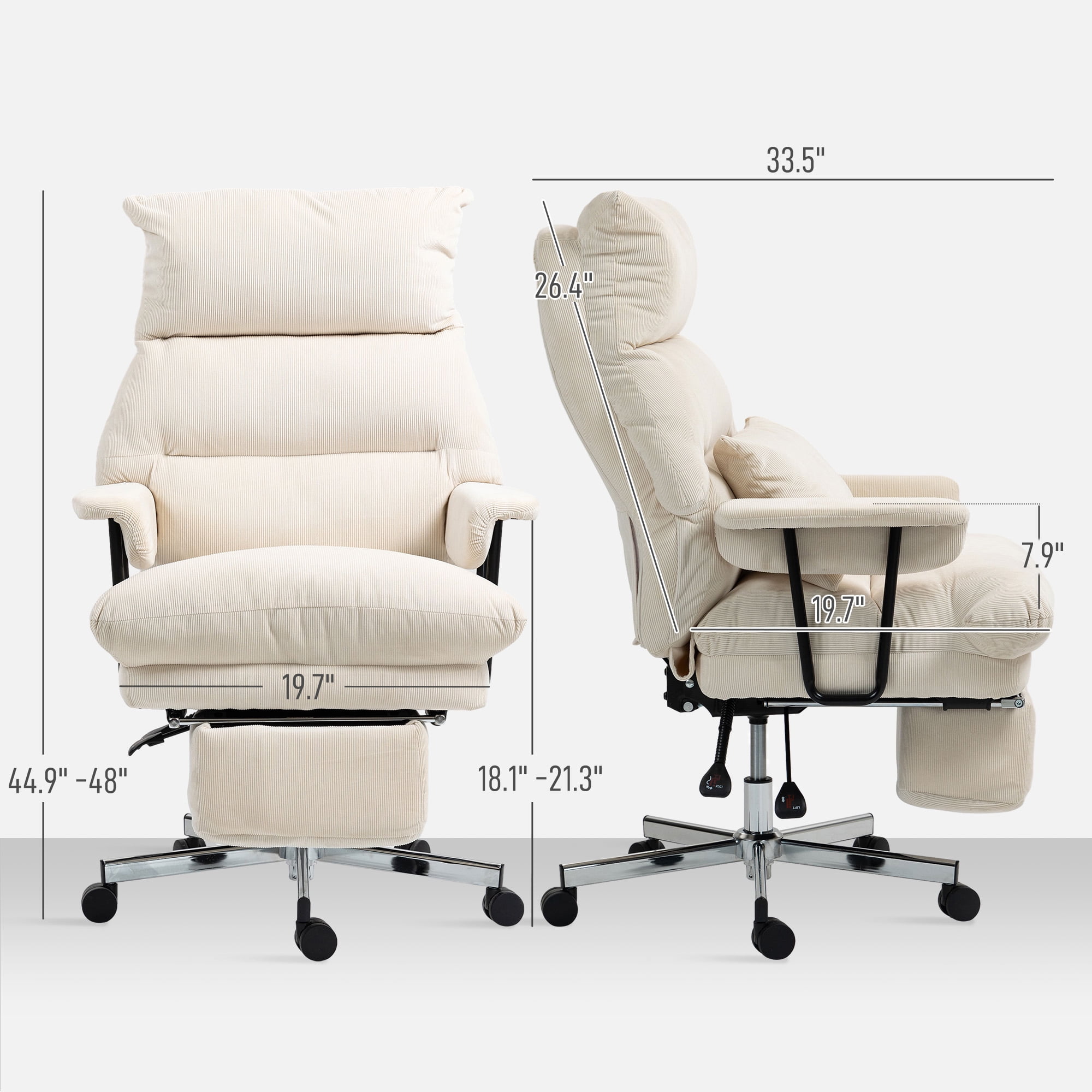 HOMCOM Large Overstuffed Office Chair, High Back Desk Chair with Lumbar Support, Footrest, Swivel Wheels, Reclining Computer Chair, Cream White