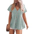 thumbnail image 1 of Blusa de manga corta con cuello en V para mujer, blusa holgada de color puro con botones y dobladillo con volantes para fiesta, verde M, 1 of 5