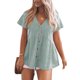 thumbnail image 1 of Blusa de manga corta con cuello en V para mujer, blusa holgada de color puro con botones y dobladillo con volantes para fiesta, verde M, 1 of 5