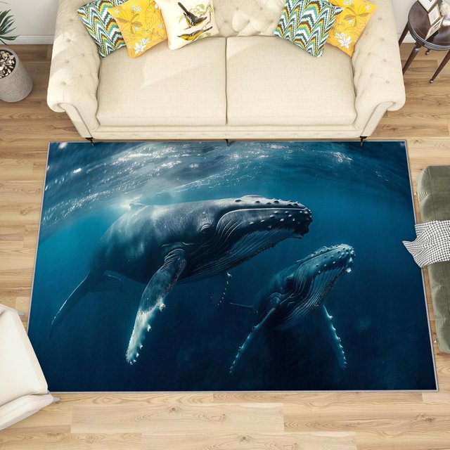 3x5 Rug, Whale Door Mat, Underwater Ocean Animal Rug, Sea Marine Rugs for Entryway, Washable & Non Slip & Soft Low Pile Small Carpet, Indoor Doormat, Whale Home Decor & Gifts