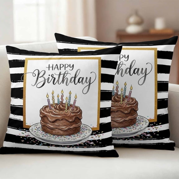 Happy Birthday Outdoor Waterproof Throw Pillow Covers 20x20 Set of 2, Brown Chocolate Cake Candles Farmhouse Plaid Pillowcases Cushion Pillowcase for Couch Sofa Patio Outside Pillow Protector