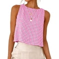 thumbnail image 5 of Hvogkswy Linen Shirts for Women, Fashion Plaid Print Crew Neck Sleeveless Reversible Tank Tops, Soft Lightweight Summer Beach Vacation Daily Casual Shirts, 5 of 8