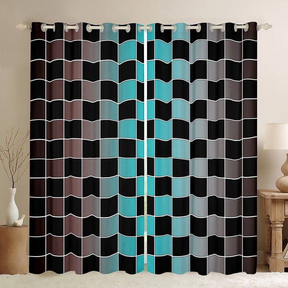 Castle Fairy Minimalist Checkered Black Out Curtains for Kids Children Teens,Abstract Gradient Geometric Plaid Curtains Pack of 2 (42x63 Each),Grey Brown Teal Bedroom Curtains,Luxury Bedroom Decor