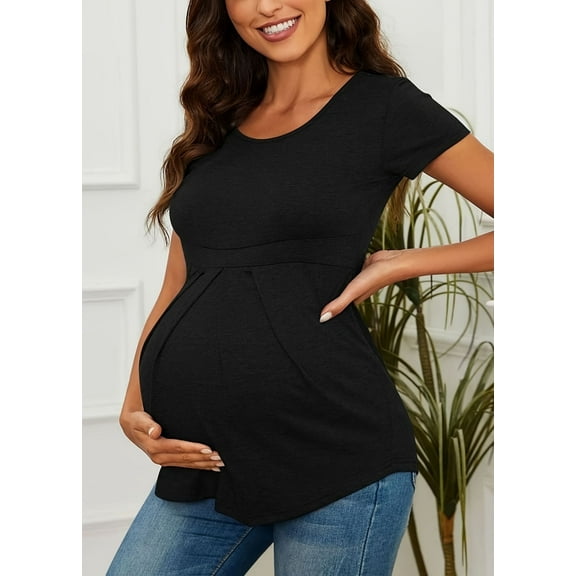 Yawrut Women's Fashionable Maternity Wear, Ruffled Pleated Elastic and Comfortable Black Short-Sleeved Maternity Top