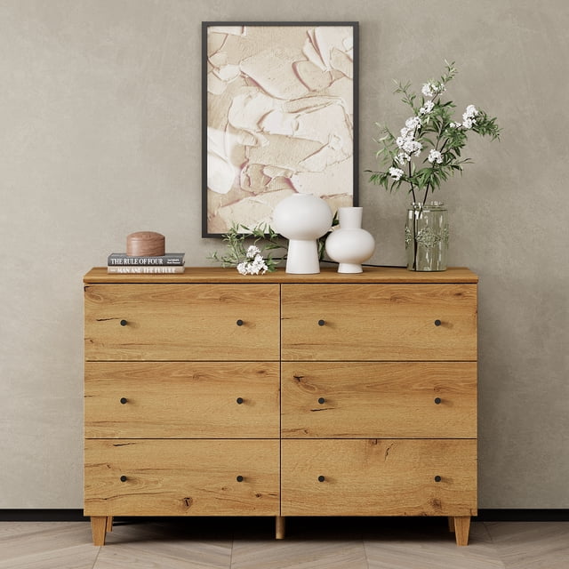 WAMPAT Commode Moderne à 6 Tiroirs - Solution de Rangement pour Chambre, Chambre d'Enfant, Salon et Chambre de Bébé, Chêne Brun