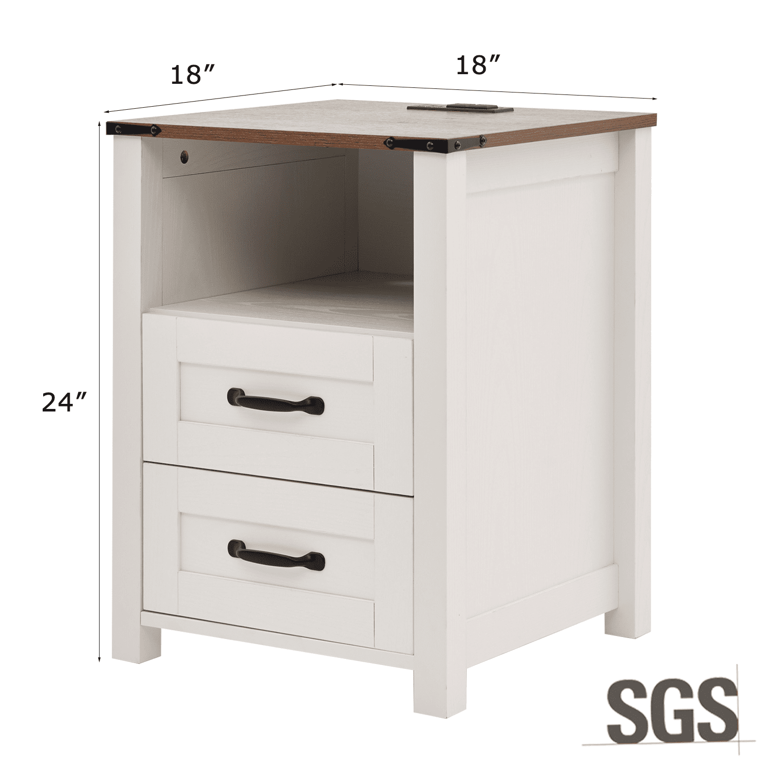 Nightstand with Charging Station,Side Table with 2 Drawers Storage Cabinet for Bedroom, Living Room, White