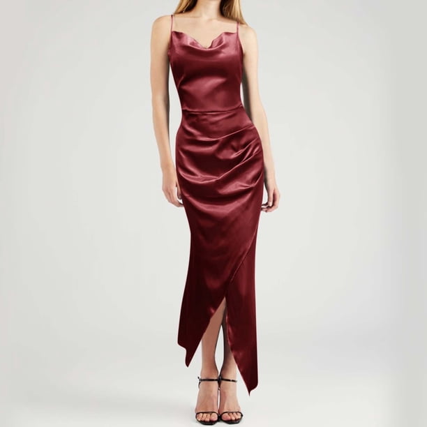 WILLBEST Vestidos De Lino Para Mujer Nuevo Estilo De Chica Belleza De Corte Bajo De Satén Con Abertura Y Tirantes Delgados Sin Espalda