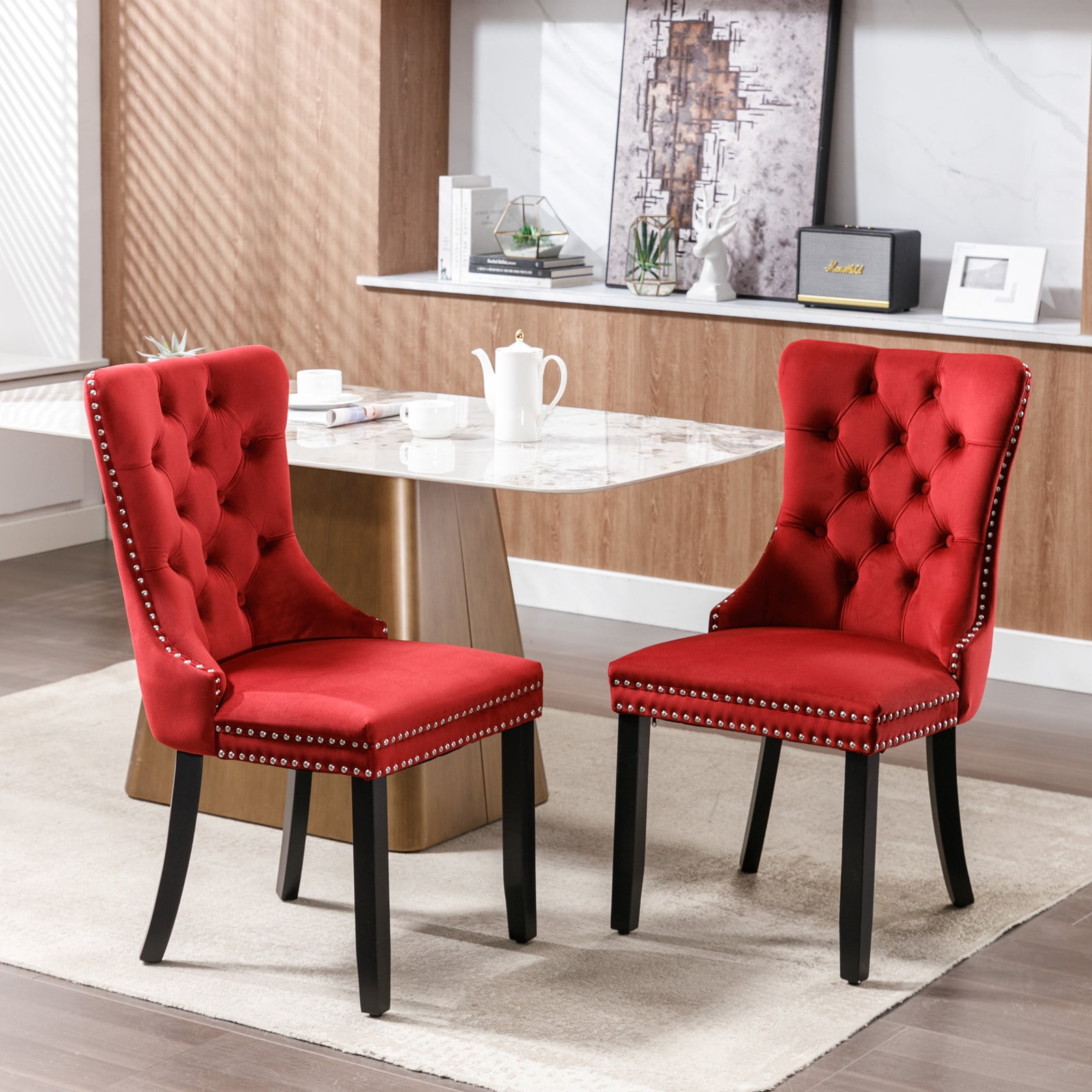 Velvet Upholstered Dining Chairs Set of 2, Wingback Dining Room Chairs with Ring Pull, Nailhead