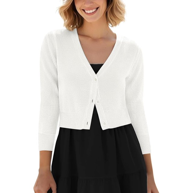 Urban CoCo Women's Cropped Cardigan V-Neck Button Down Knitted Sweater 3/4 Sleeve