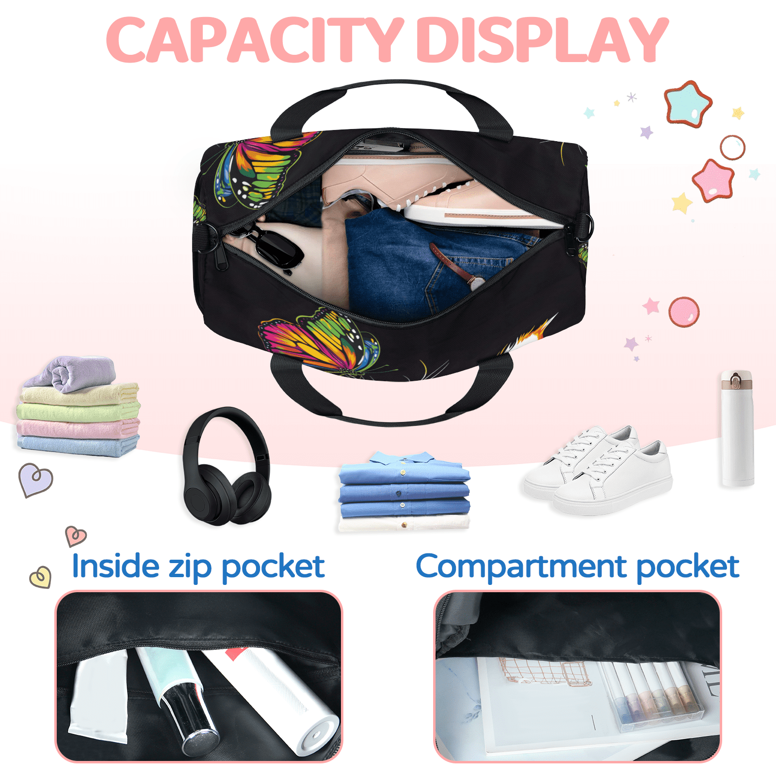 Herdesigns Cat Gym Bag for Women, Butterfly Duffle Bag for Travel Sport, Lightweight Waterproof Carry on Weekender Overnight Dance Yoga Workout Bags