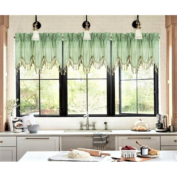 WAVE SAGE 1 Elegant Faux Silk Rod Pocket Swag Waterfall Ascot Dressing Window Valance with Tassels, 55" X 18" for kitchen bedroom décor
