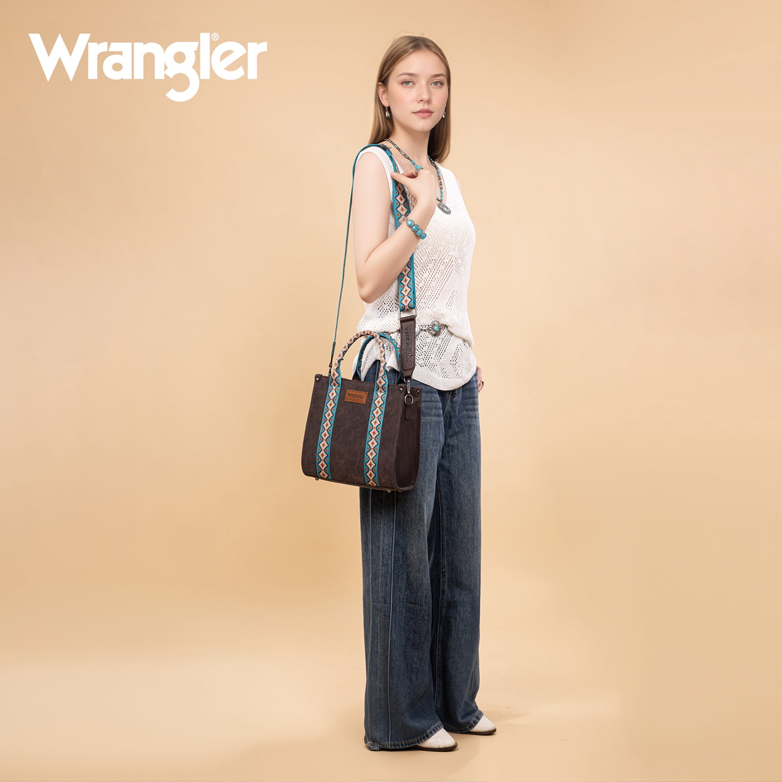 Wrangler Aztec Tote Bag for Women Boho Shoulder Purse, Cf-Turquoise