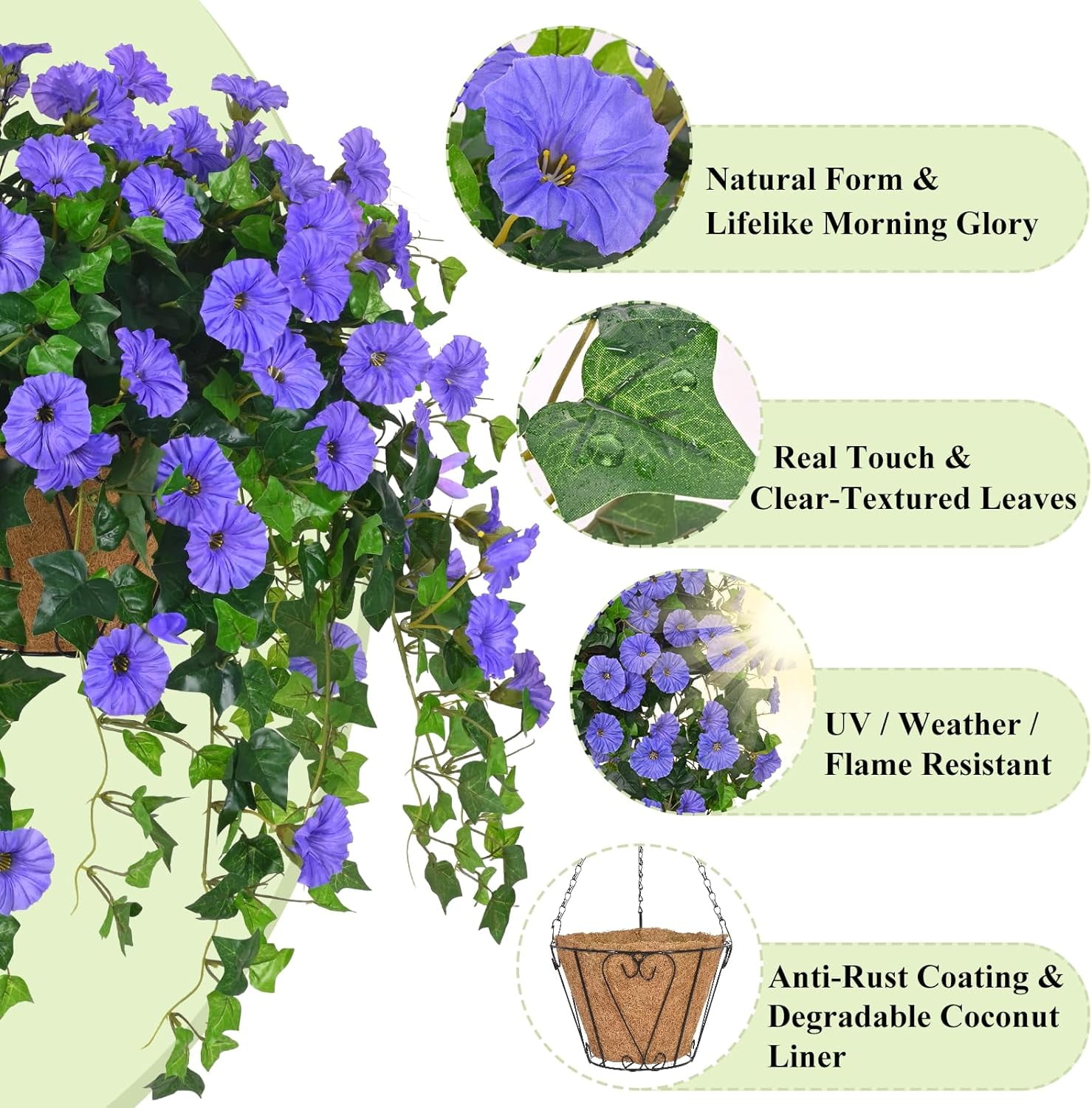 Artificial Hanging Baskets with Flowers, Fake Hanging Plants Outdoors, Faux Silk Flowers for Front Porch Patio Outside Urn Fillers Spring Summer Decor (Blue)