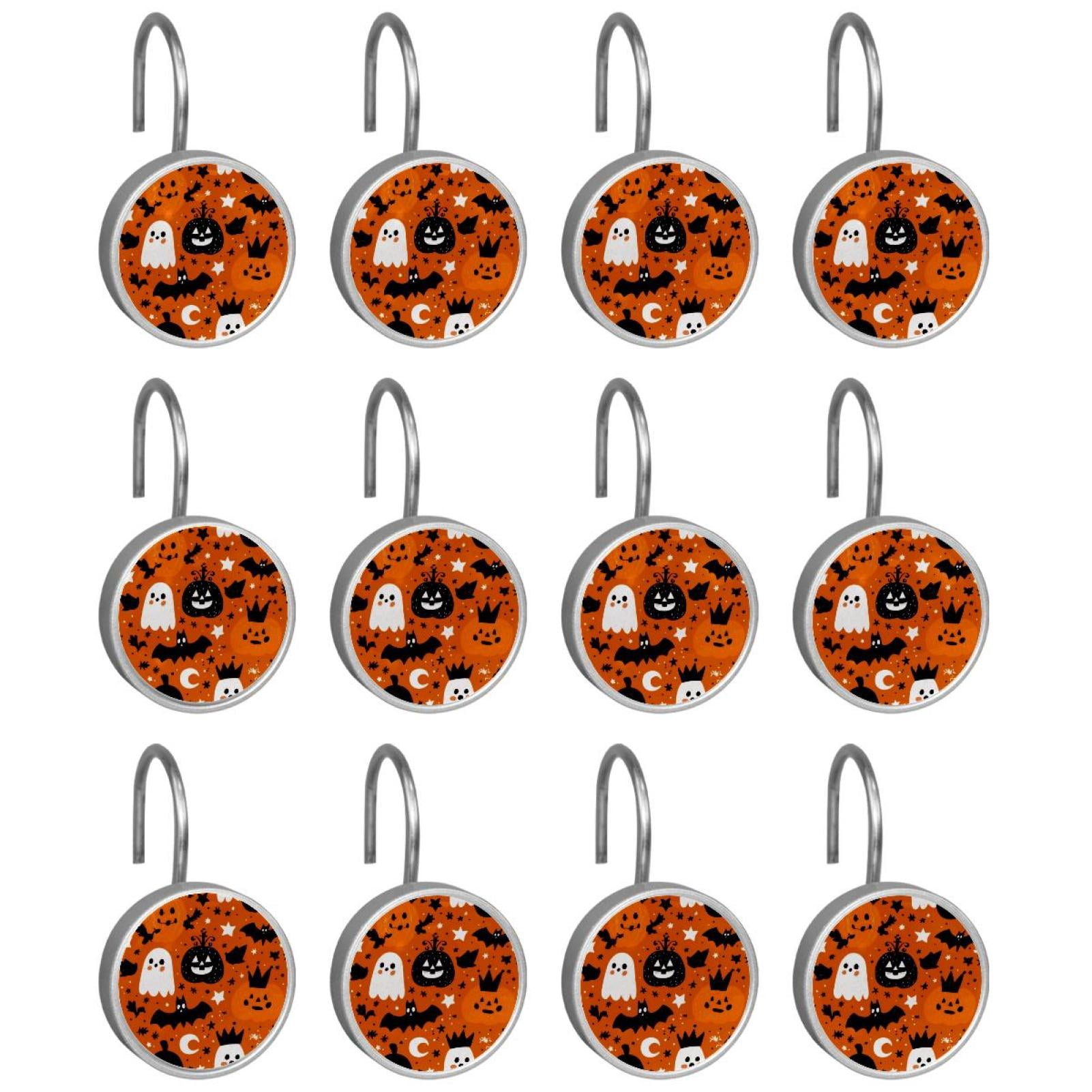 12pcs Decorative Shower Curtain Hooks, Rust Resistant Shower Rings for Bathroom Living Room,Rustproof Stainless Steel Rings for Shower Curtain and Liner Rods,Halloween Pattern Orange
