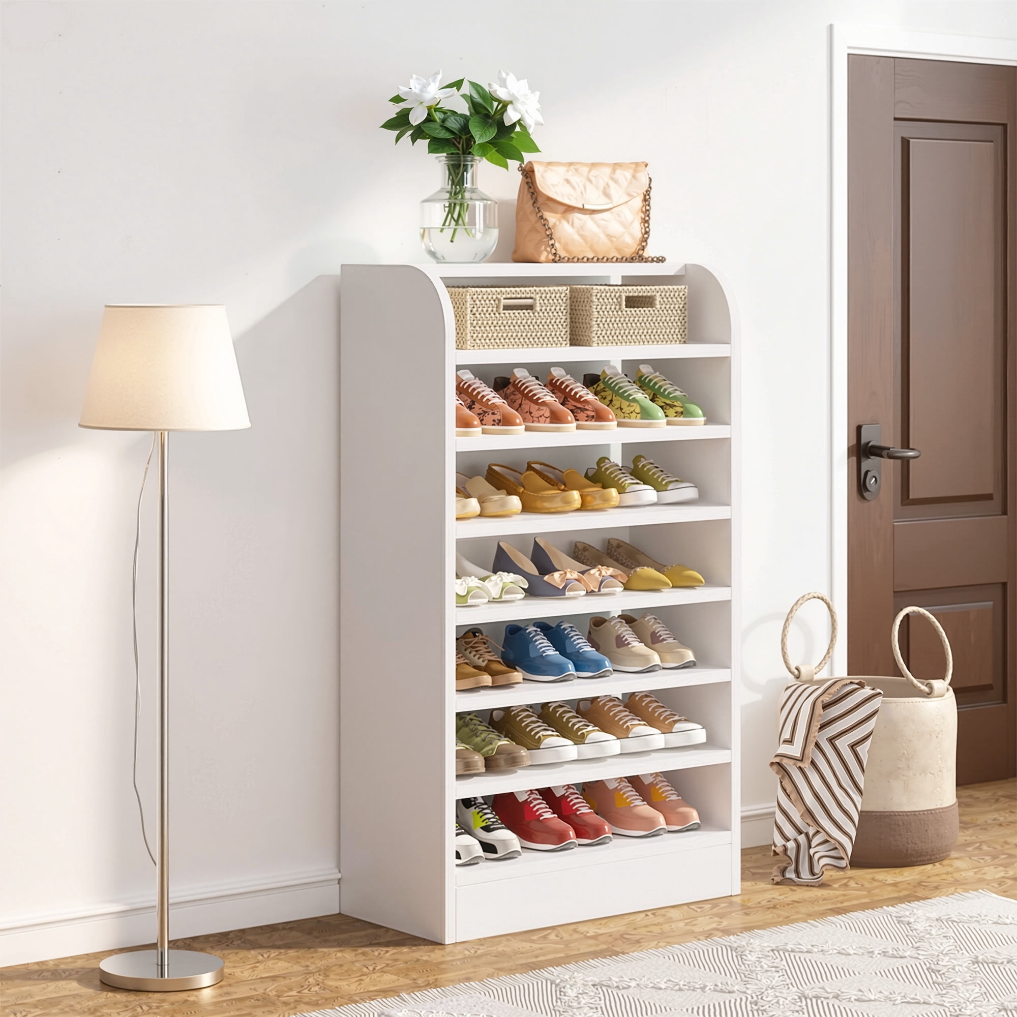MAYEERTY 8-Tier White Shoe Storage Cabinet, E1 Particle Board Open Shoe Rack with Detachable Shelves for Entryway Dorm Garage