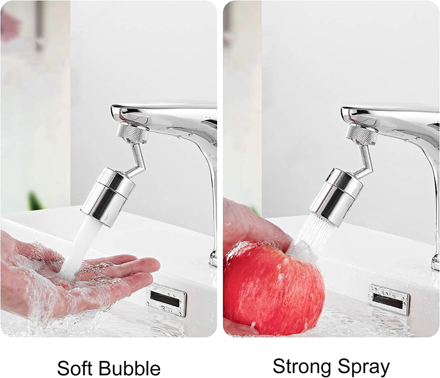 Faucet Aerator,720° Swivel Big Angle Rotation Dual Function Universal Splash Filter Faucet Aerator,Gargle and Eye Flush Bathroom Faucet Aerator-Polished Chrome-Knurling-1.8GPM-15/16 Inch-27UNS