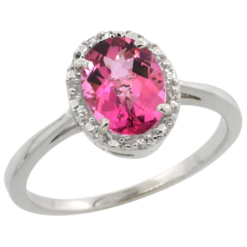 10k White Gold Natural Pink Topaz Ring Oval 8x6 mm Diamond Halo, sizes 5-10 by WorldJewels