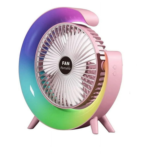Ventilador Portátil Recargable por USB, Ventilador LED 7 Colores, Ventilador Eléctrico Ajustable A 180°, Ventiladores Camping, Mini Ventilador Escritorio 3 Velocidades, Color Rosa
