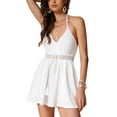 thumbnail image 4 of INSPIRE CHIC Women's Beach Halter V Neck Wide Leg with Crochet Panel Short Romper M White, 4 of 6