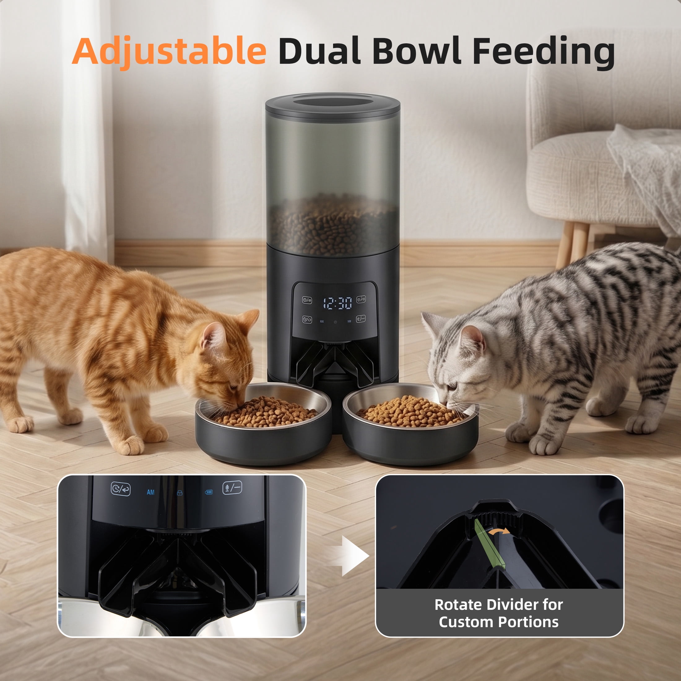 EDX 6L Automatic Cat Feeder for 2 Cats, Timed Cat Food Dispenser with 2 Stainless Steel Bowls, 10s Voice Recorder & Dual Power, Pet Feeder for Cats & Dogs, Black