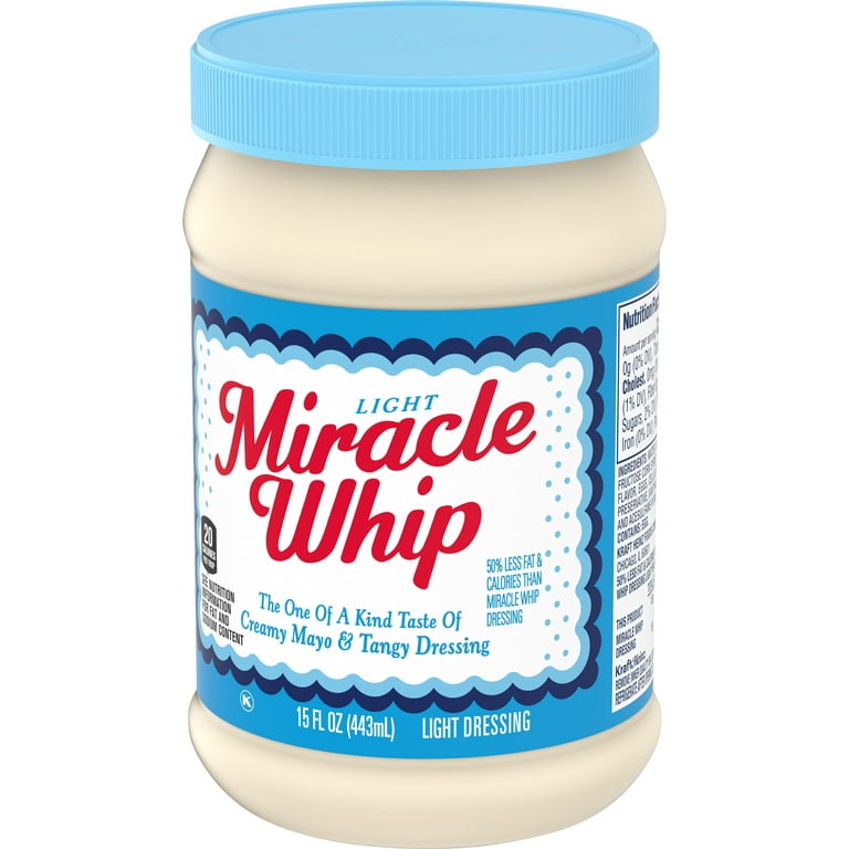 A large jar of light Miracle Whip, the One of a Kind Taste of