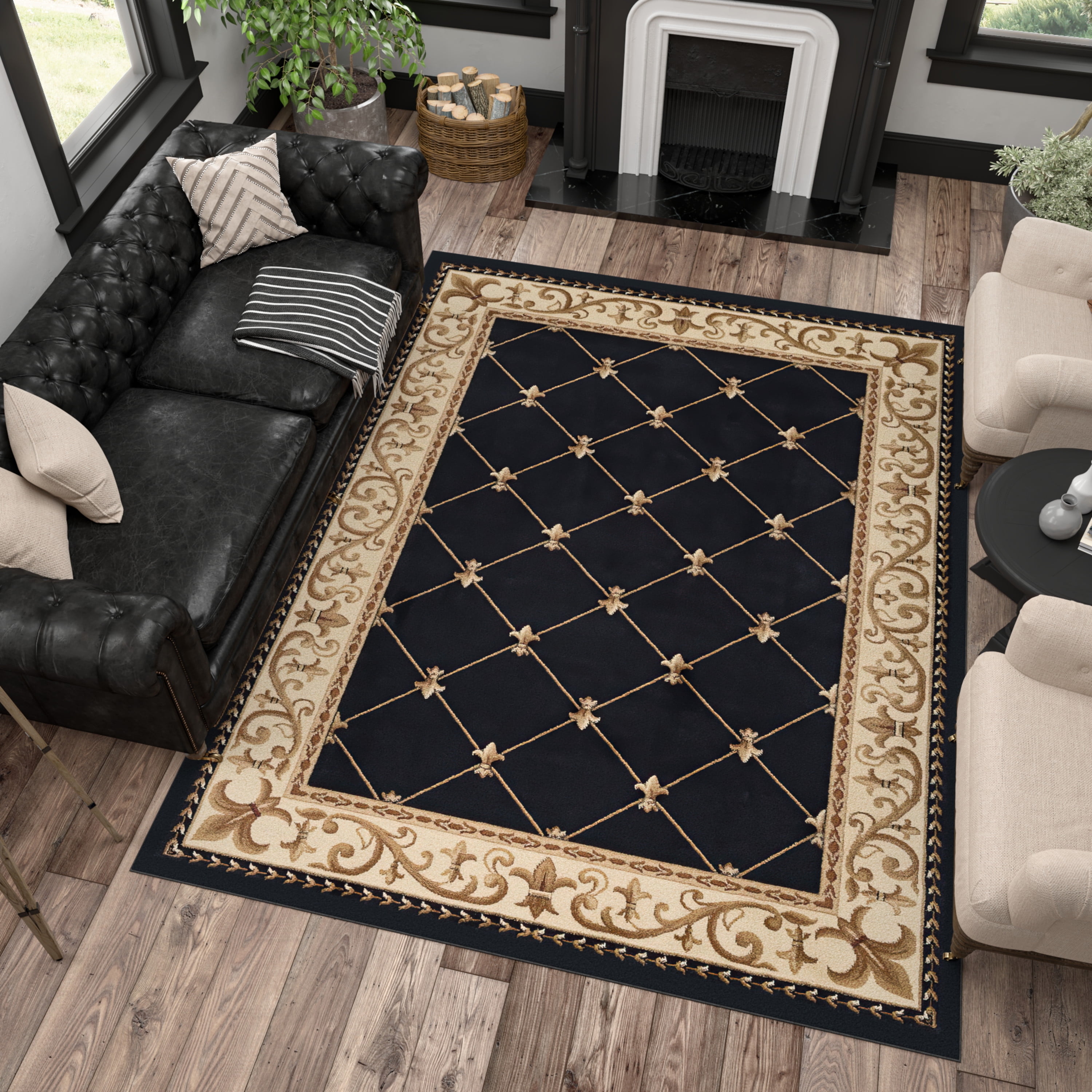 Sensation Traditional 9' x 12' Black and Beige Polypropylene Indoor Area Rug