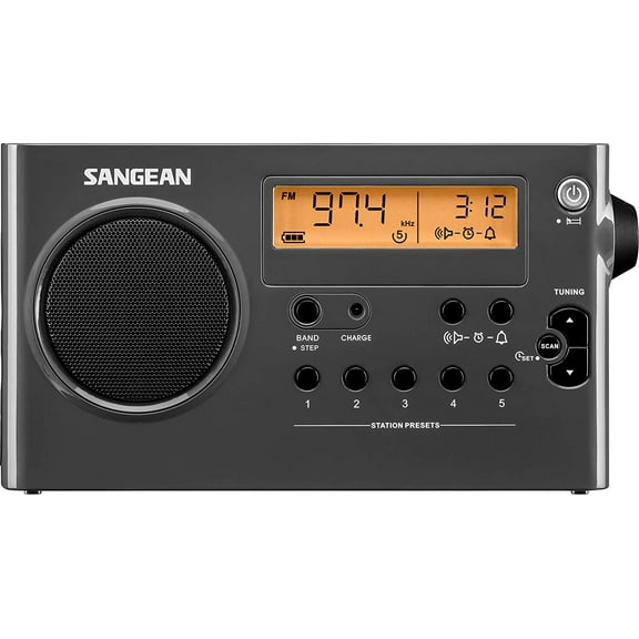 Sangean AM/FM Stereo Dig ital Tuning Portable Radio, Sleep & Snooze Alarm, Gray-Black