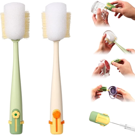 5 in 1 Water Bottle Cleaning Brush Set,Multifunctiona Brush and Straw Cleaner,Portable Long Handle Bottles Scrubber for Cup Lids,Hard Bristle Sponge Head Bottle Brushes (Green and White)