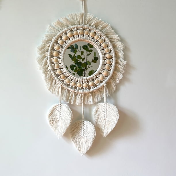 Beige,Espejo de pared con flecos de macramé bohemio y cuentas de madera, colgante de plumas, espejo redondo de arte de pared para dormitorio, pasillo, sala de estar, decoración del hogar