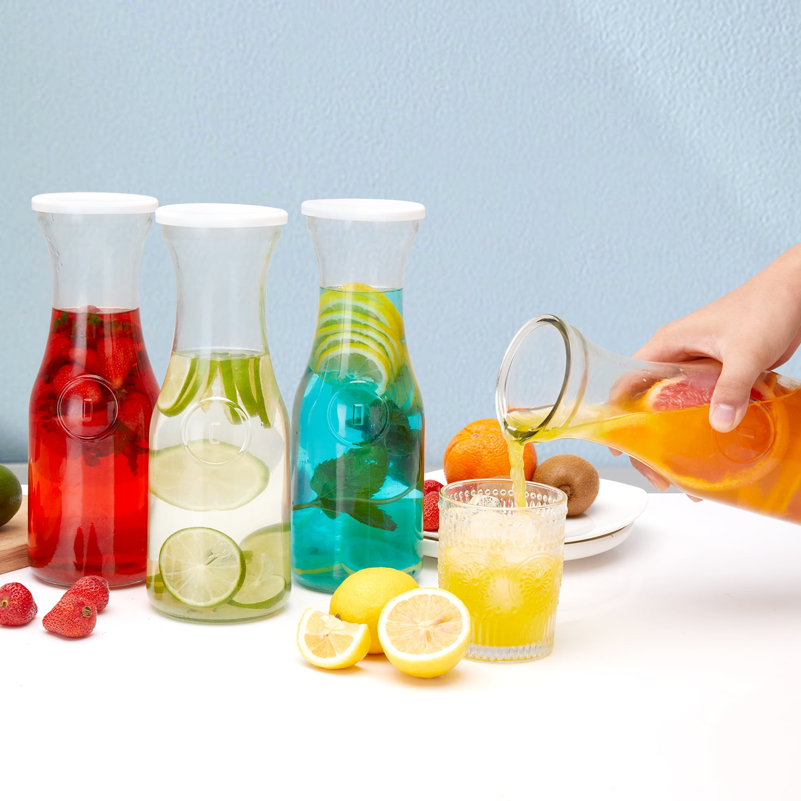 4 Pack Glass Carafe with Lid,35 oz Clear Glass Pitcher,Dishwasher Safe Beverage Drink Dispensers for Brunch, Party