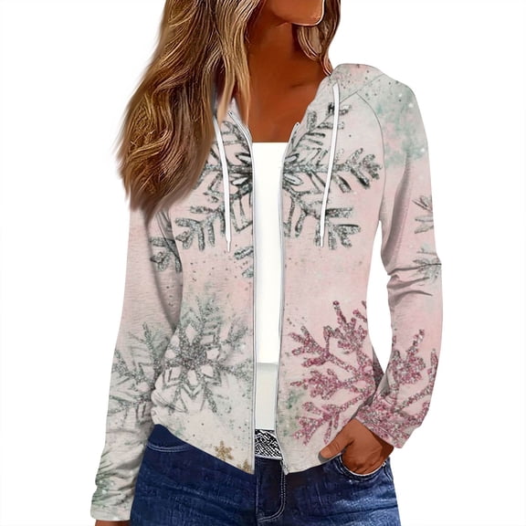 Women's Fashion Christmas Print Casual Zip-Up Long-Sleeve Hooded Jacket, for Outdoor Activities and Daily Use,Light pink,M