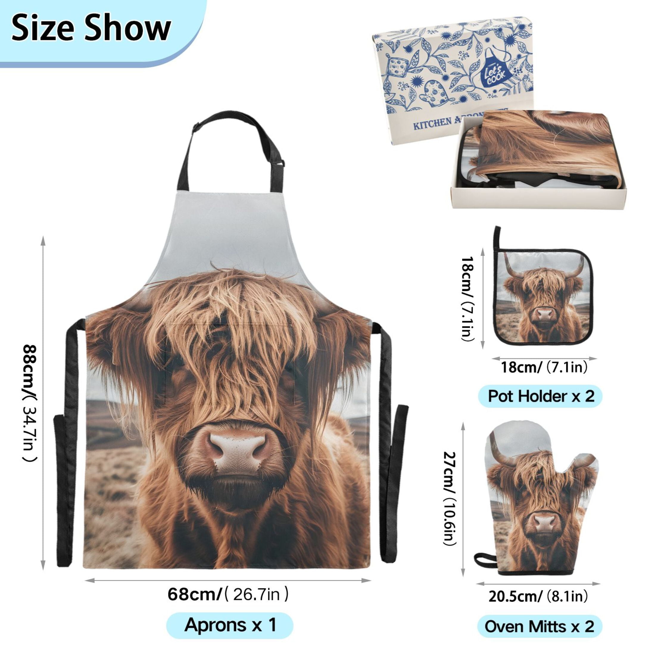 Ryvnso A Highland Cow Kitchen Apron Oven Mitts Set Pot Holders