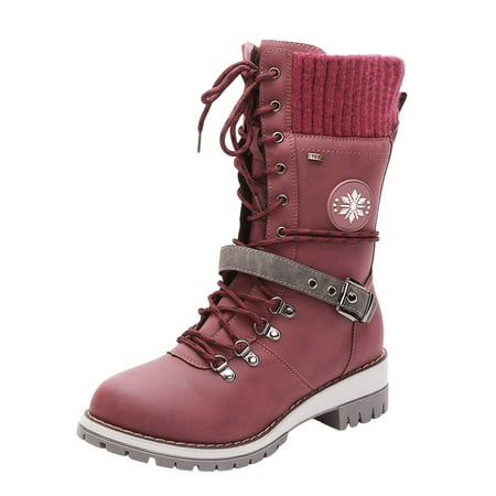 

DVKOVI Botas Vaqueras De Mujer Calf Boots for Women Women s Fashion Belt Woolen Square Heel Lace Up Mid Tube Boots Soft Insole Warm Breathable Lining for Ladies Fall Winter Red 39