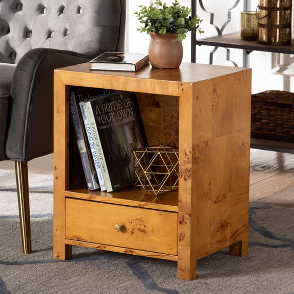 bali & pari Camira Modern Nightstand, 1-Drawer, Light Mappa Burl