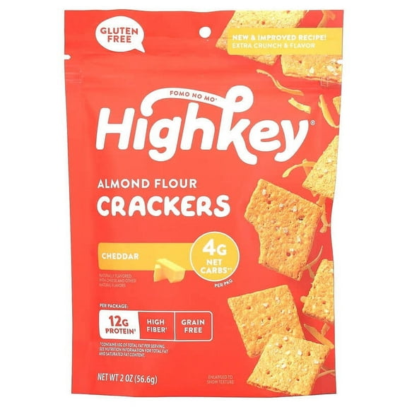HighKey, Keto Friendly Gluten Free Almond Flour Crackers, Cheddar, 2 oz Pack of 2