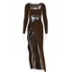 thumbnail image 1 of Mozision Sexy Hollow Out High Split Maxi Dress For Women Robe 2022 Autumn Full Sleeve Ruched Club Party Long Dress VestidoM Gao Jinjia LED, 1 of 2