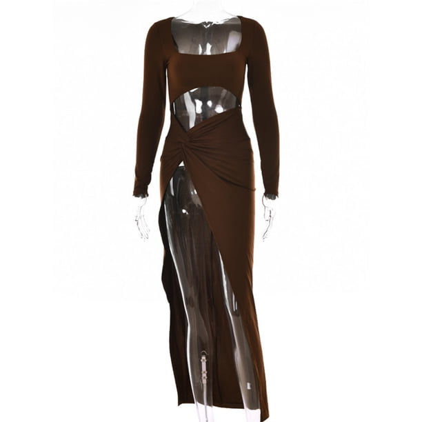 Mozision Sexy Hollow Out High Split Maxi Dress For Women Robe 2022 Autumn Full Sleeve Ruched Club Party Long Dress VestidoM Gao Jinjia LED