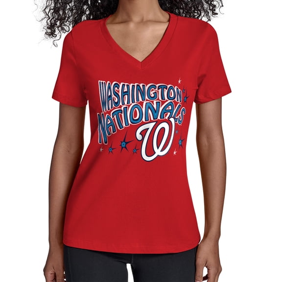 Women's Starter Red Washington Nationals Fireworks V-Neck T-Shirt