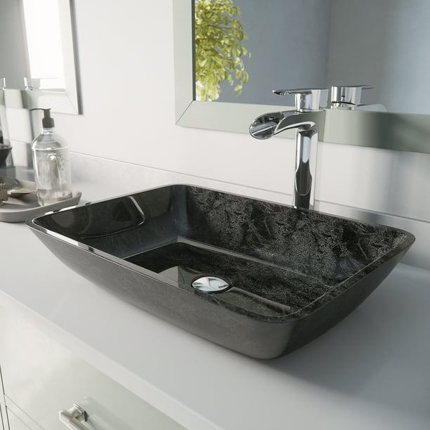 VIGO Rectangular Gray Onyx Glass Vessel Bathroom Sink Set With Niko