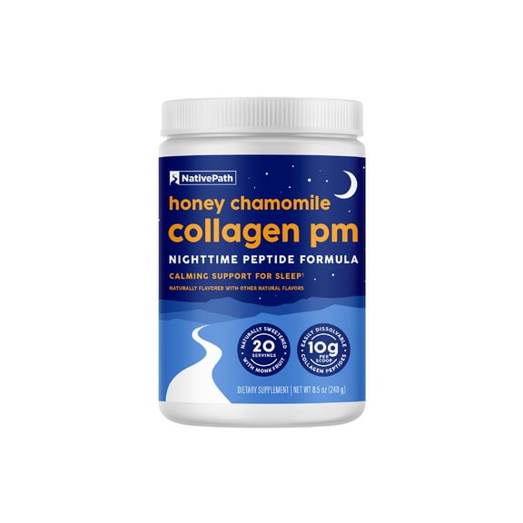 NativePath Collagen PM - Honey Chamomile Nighttime Collagen Peptides Powder with Magnesium, GABA, L-Theanine and Melatonin - 20 Servings