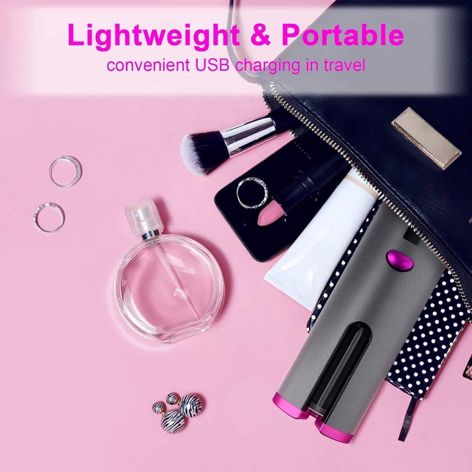 Wireless Auto Hair Curler with Adjustable Temperature and Timer, Automatic Cordless Curling Iron with LCD Display, Portable Rechargeable Rotating Fast Heating Hair Wand for Style